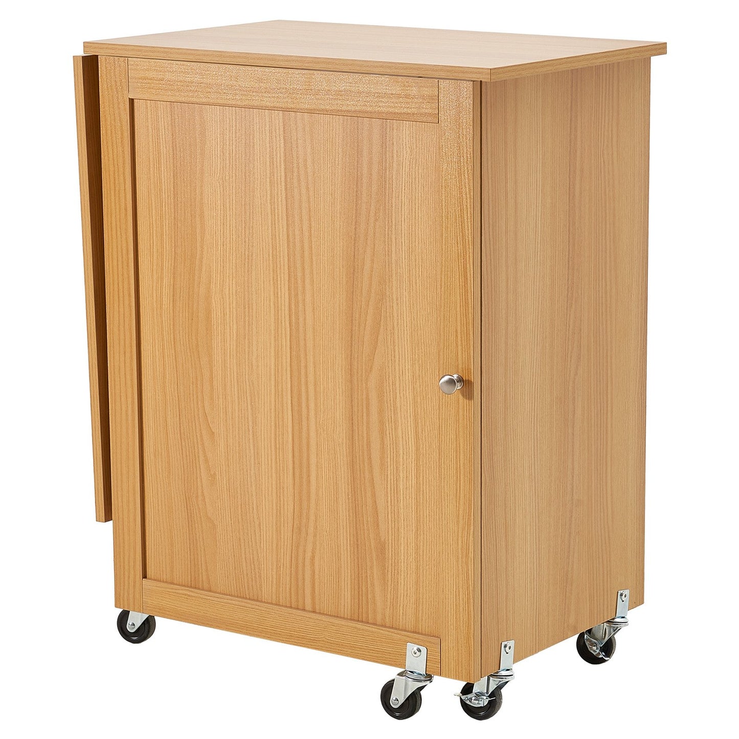 Folding sewing table with lockable wheels Shelves Trays Door Wood color