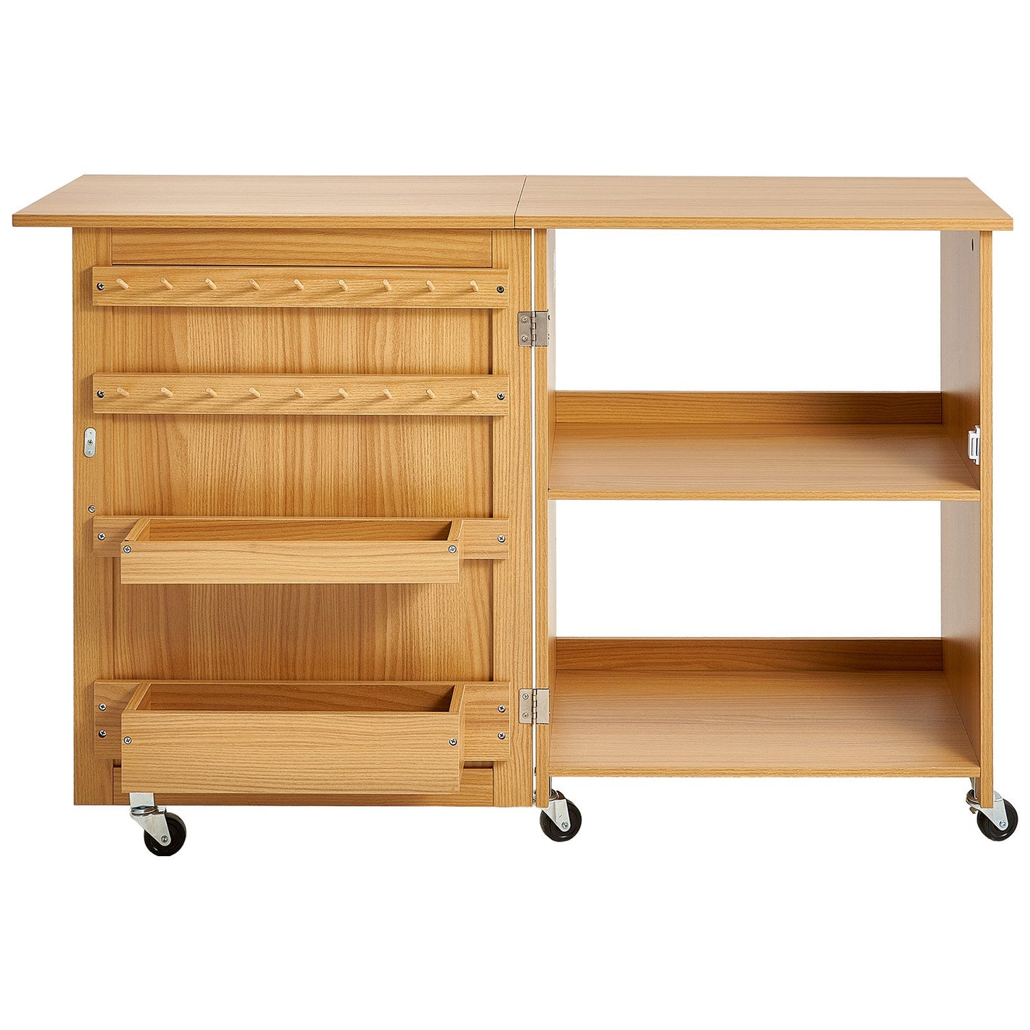 Folding sewing table with lockable wheels Shelves Trays Door Wood color