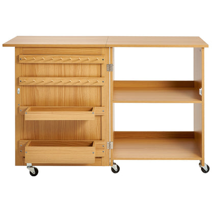Folding sewing table with lockable wheels Shelves Trays Door Wood color