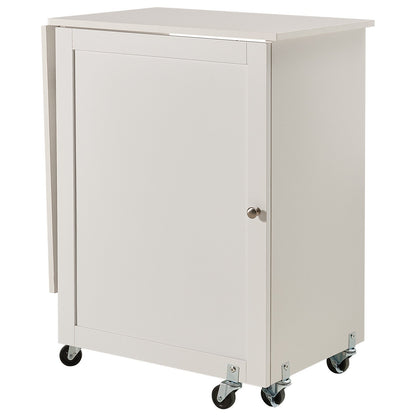 Folding Sewing Table with Lockable Wheels Storage Shelves Trays Door White