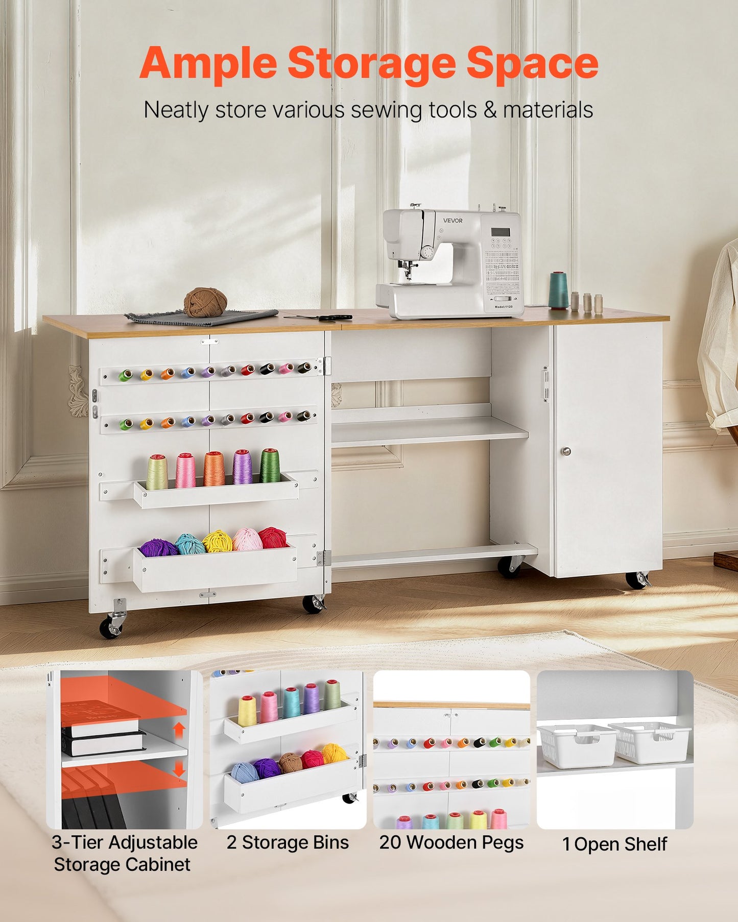 Folding Sewing Table, Multipurpose Sewing Machine Table with Cabinet, Charging Station, Compact Design, Wheels, Wooden Pegs, Storage Trays and Shelf, Craft Station and Side Desk for Home