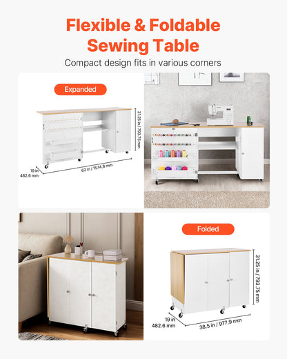 Folding Sewing Table, Multipurpose Sewing Machine Table with Cabinet, Charging Station, Compact Design, Wheels, Wooden Pegs, Storage Trays and Shelf, Craft Station and Side Desk for Home