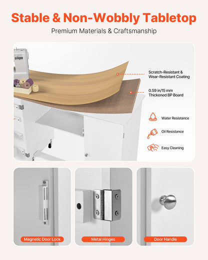 Folding Sewing Table, Multipurpose Sewing Machine Table with Cabinet, Charging Station, Compact Design, Wheels, Wooden Pegs, Storage Trays and Shelf, Craft Station and Side Desk for Home