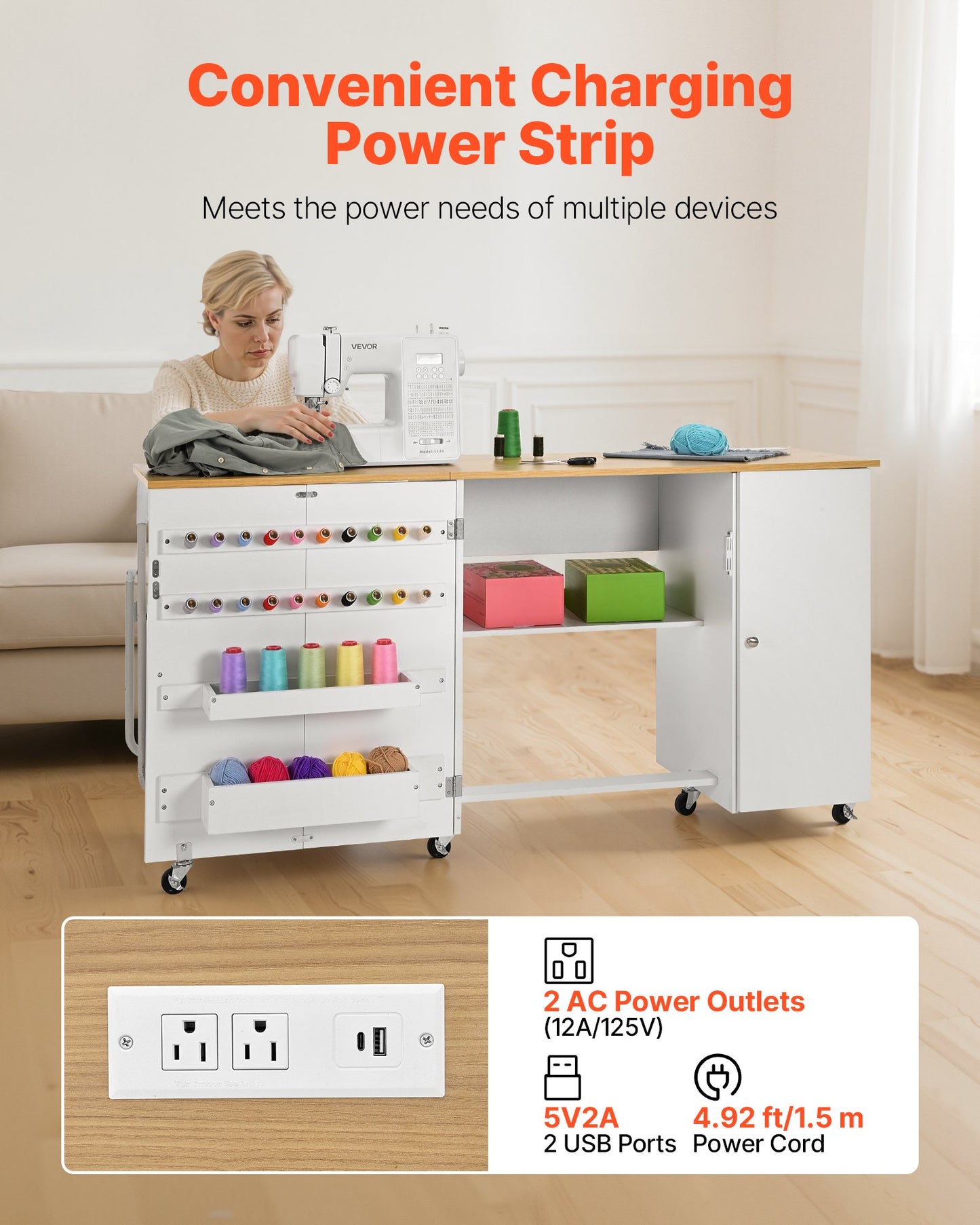 Folding Sewing Table, Multipurpose Sewing Machine Table with Cabinet, Charging Station, Compact Design, Wheels, Wooden Pegs, Storage Trays and Shelf, Craft Station and Side Desk for Home