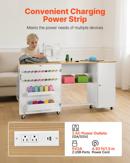 Folding Sewing Table, Multipurpose Sewing Machine Table with Cabinet, Charging Station, Compact Design, Wheels, Wooden Pegs, Storage Trays and Shelf, Craft Station and Side Desk for Home