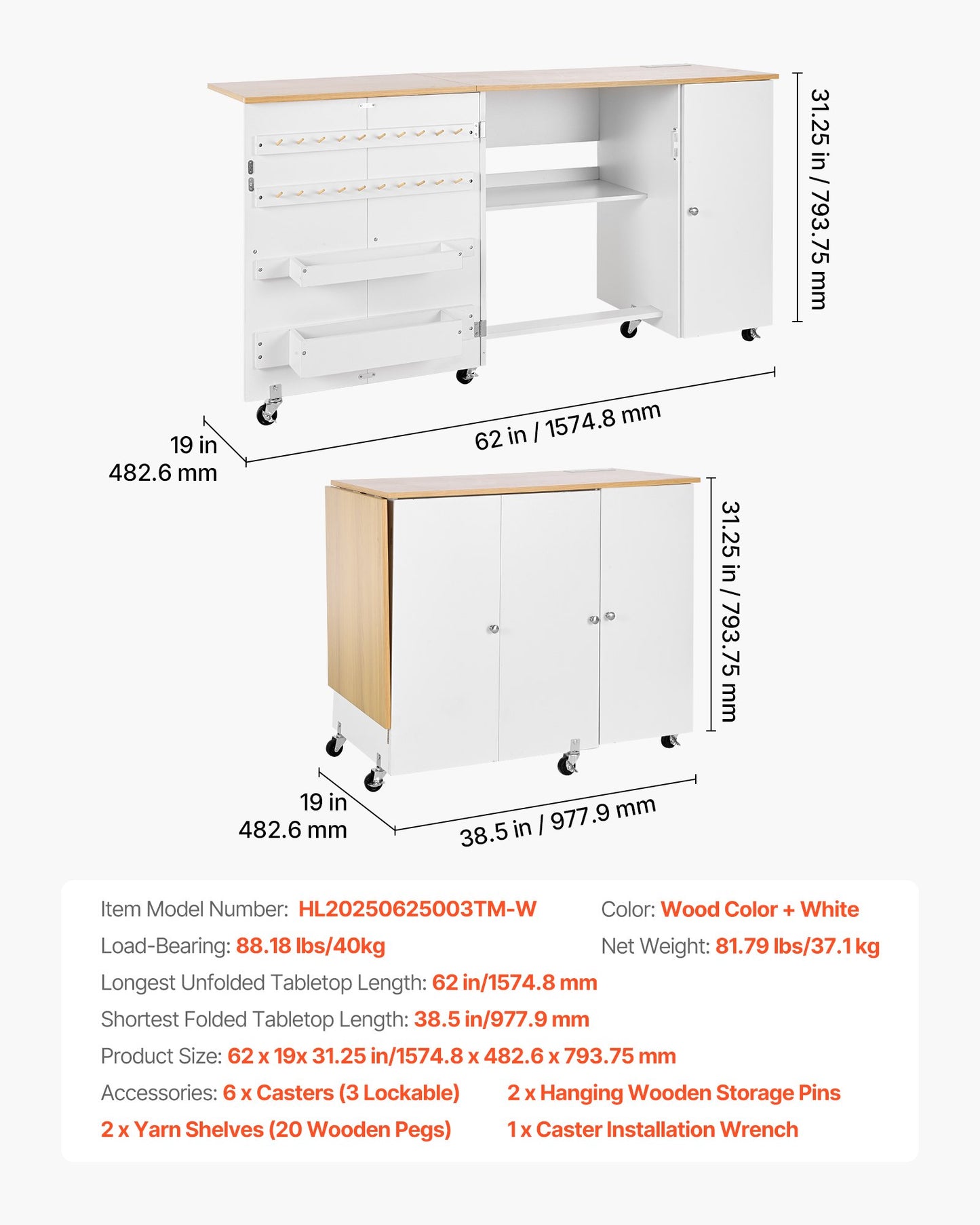Folding Sewing Table, Multipurpose Sewing Machine Table with Cabinet, Charging Station, Compact Design, Wheels, Wooden Pegs, Storage Trays and Shelf, Craft Station and Side Desk for Home