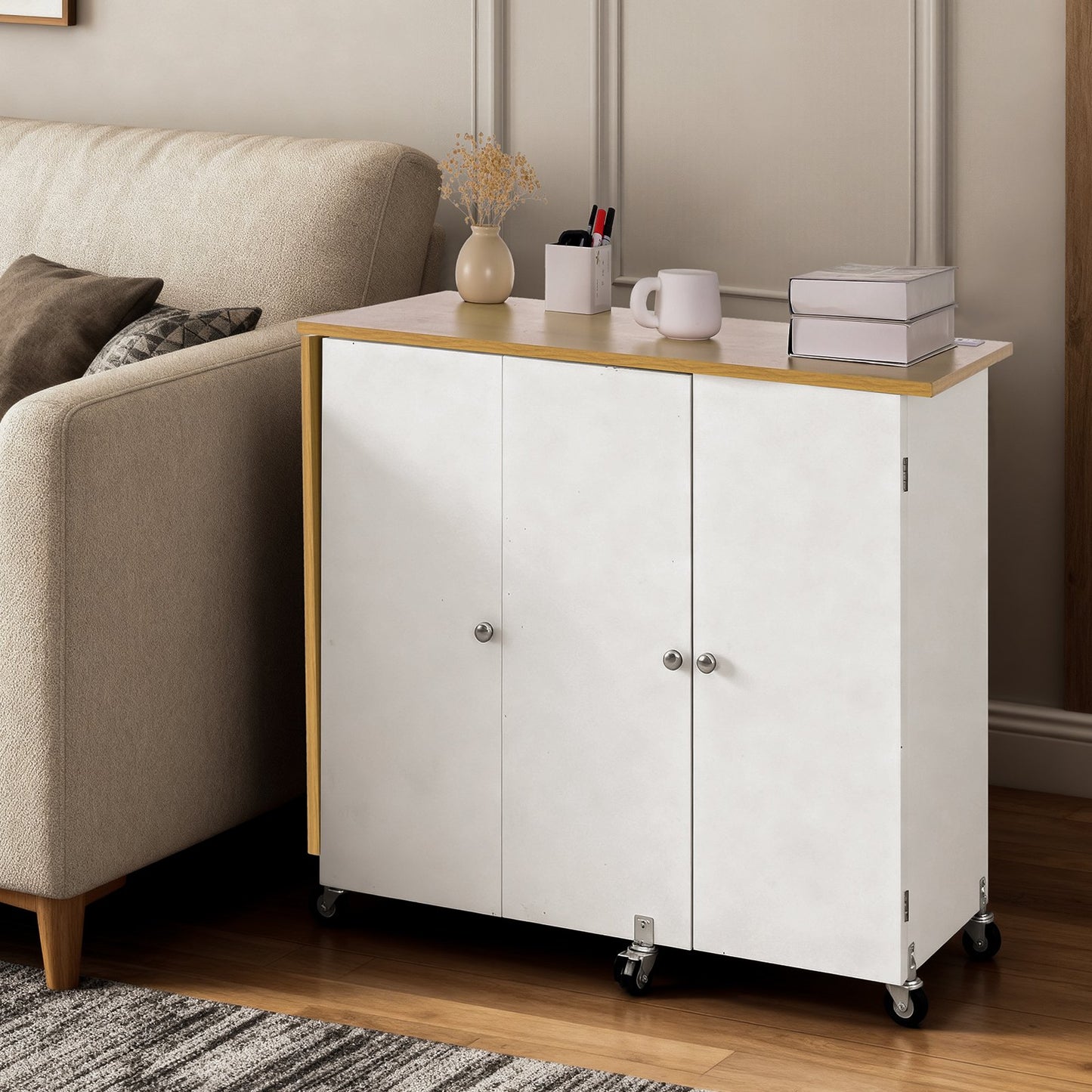 Folding Sewing Table, Multipurpose Sewing Machine Table with Cabinet, Charging Station, Compact Design, Wheels, Wooden Pegs, Storage Trays and Shelf, Craft Station and Side Desk for Home