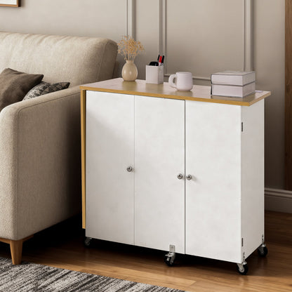 Folding Sewing Table, Multipurpose Sewing Machine Table with Cabinet, Charging Station, Compact Design, Wheels, Wooden Pegs, Storage Trays and Shelf, Craft Station and Side Desk for Home