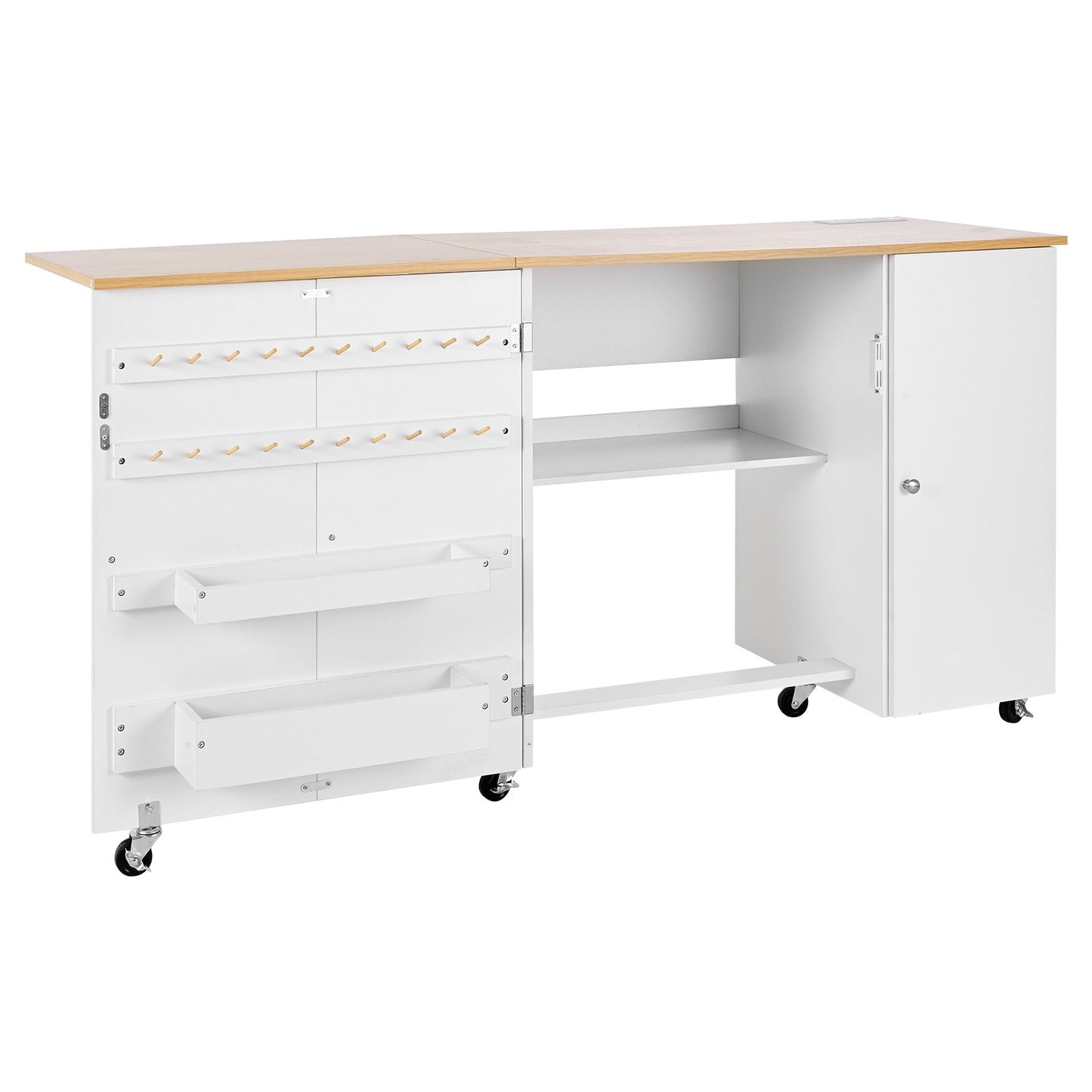 Folding Sewing Table, Multipurpose Sewing Machine Table with Cabinet, Charging Station, Compact Design, Wheels, Wooden Pegs, Storage Trays and Shelf, Craft Station and Side Desk for Home