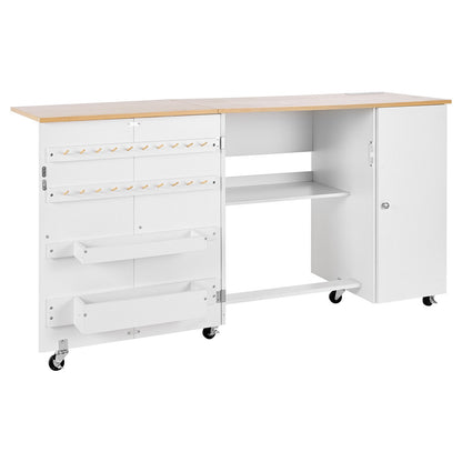 Folding Sewing Table, Multipurpose Sewing Machine Table with Cabinet, Charging Station, Compact Design, Wheels, Wooden Pegs, Storage Trays and Shelf, Craft Station and Side Desk for Home