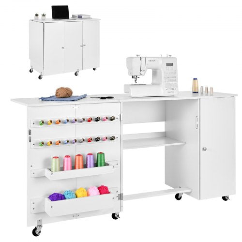 Folding Sewing Table, Multipurpose Sewing Machine Table with Cabinet, Compact Design, Wheels, Wooden Pegs, Storage Trays and Shelf, Magnetic Door, Craft Station and Side Desk for Home, White