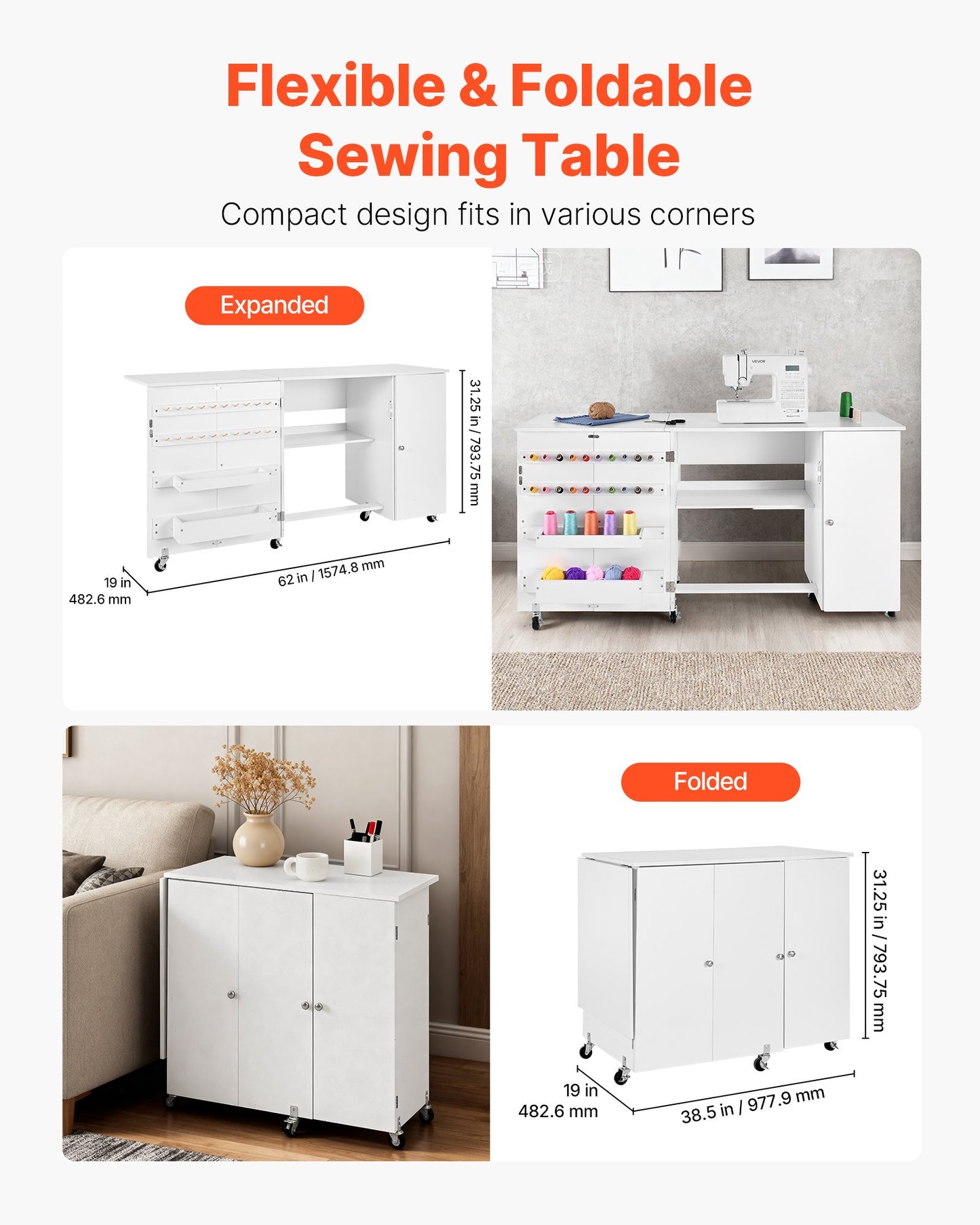 Folding Sewing Table, Multipurpose Sewing Machine Table with Cabinet, Compact Design, Wheels, Wooden Pegs, Storage Trays and Shelf, Magnetic Door, Craft Station and Side Desk for Home, White