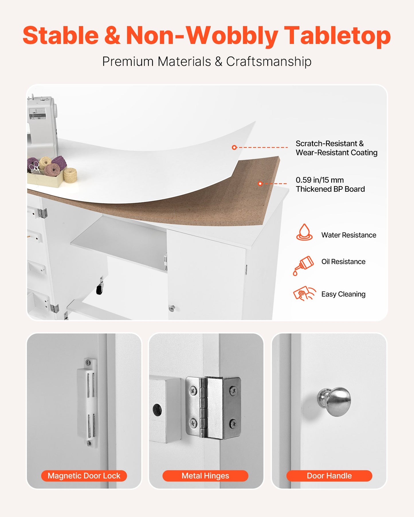 Folding Sewing Table, Multipurpose Sewing Machine Table with Cabinet, Compact Design, Wheels, Wooden Pegs, Storage Trays and Shelf, Magnetic Door, Craft Station and Side Desk for Home, White