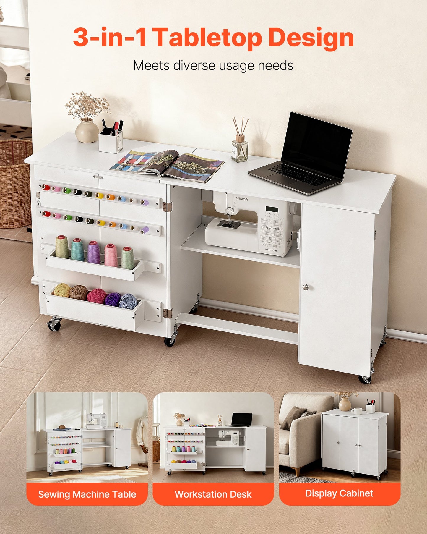 Folding Sewing Table, Multipurpose Sewing Machine Table with Cabinet, Compact Design, Wheels, Wooden Pegs, Storage Trays and Shelf, Magnetic Door, Craft Station and Side Desk for Home, White