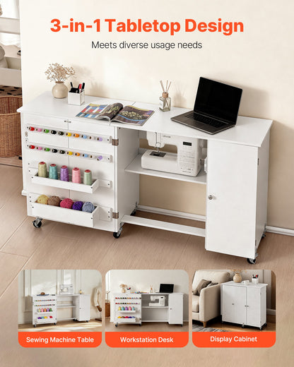 Folding Sewing Table, Multipurpose Sewing Machine Table with Cabinet, Compact Design, Wheels, Wooden Pegs, Storage Trays and Shelf, Magnetic Door, Craft Station and Side Desk for Home, White
