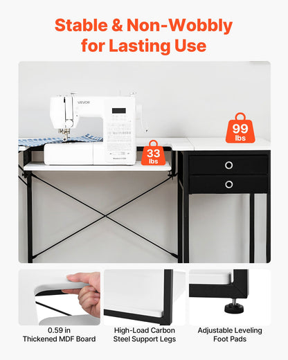 Sewing Table, Multipurpose Sewing Machine Table with Drawers, Foldable Side Shelf, Adjustable Shelf, Steel Legs, Computer Desk for Home, Fashion Studio, Art Studio, Educational Institution