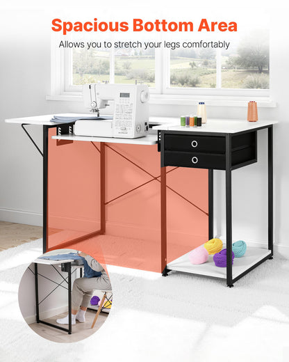 Sewing Table, Multipurpose Sewing Machine Table with Drawers, Foldable Side Shelf, Adjustable Shelf, Steel Legs, Computer Desk for Home, Fashion Studio, Art Studio, Educational Institution
