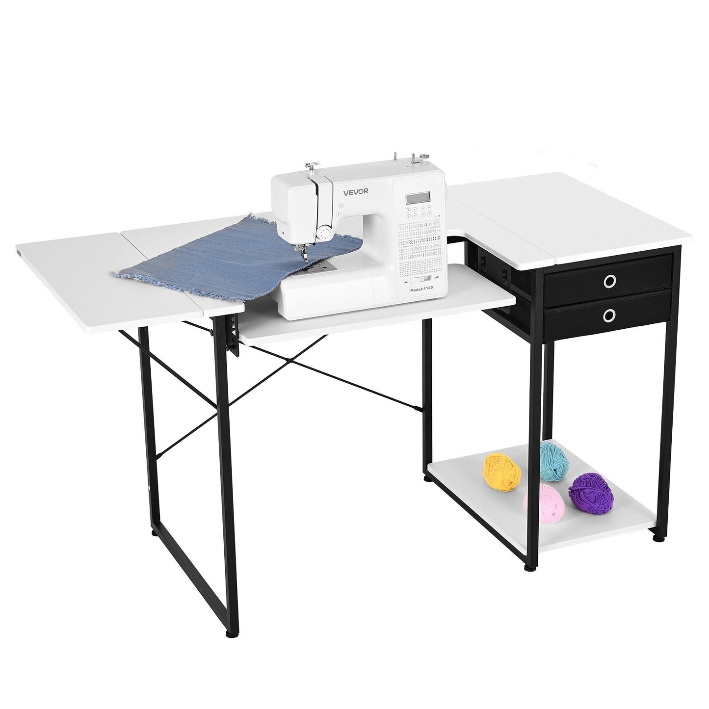 Sewing Table, Multipurpose Sewing Machine Table with Drawers, Foldable Side Shelf, Adjustable Shelf, Steel Legs, Computer Desk for Home, Fashion Studio, Art Studio, Educational Institution