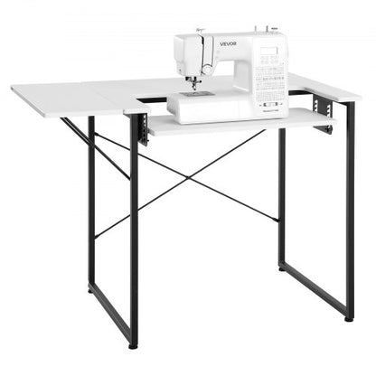 Sewing Table, Multipurpose Sewing Machine Table with Foldable Side Shelf, Adjustable Shelf, Steel Legs, Computer Desk for Home, Fashion Studio, Art Studio, Educational Institution, White