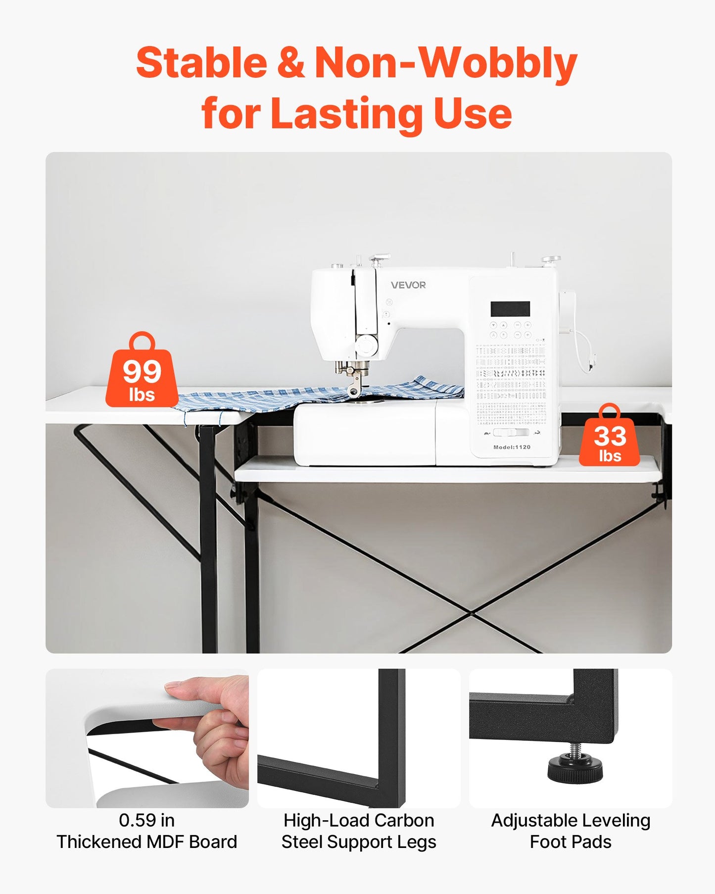 Sewing Table, Multipurpose Sewing Machine Table with Foldable Side Shelf, Adjustable Shelf, Steel Legs, Computer Desk for Home, Fashion Studio, Art Studio, Educational Institution, White