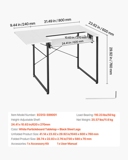 Sewing Table, Multipurpose Sewing Machine Table with Foldable Side Shelf, Adjustable Shelf, Steel Legs, Computer Desk for Home, Fashion Studio, Art Studio, Educational Institution, White