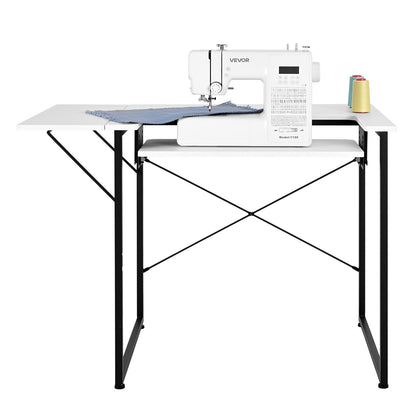 Sewing Table, Multipurpose Sewing Machine Table with Foldable Side Shelf, Adjustable Shelf, Steel Legs, Computer Desk for Home, Fashion Studio, Art Studio, Educational Institution, White