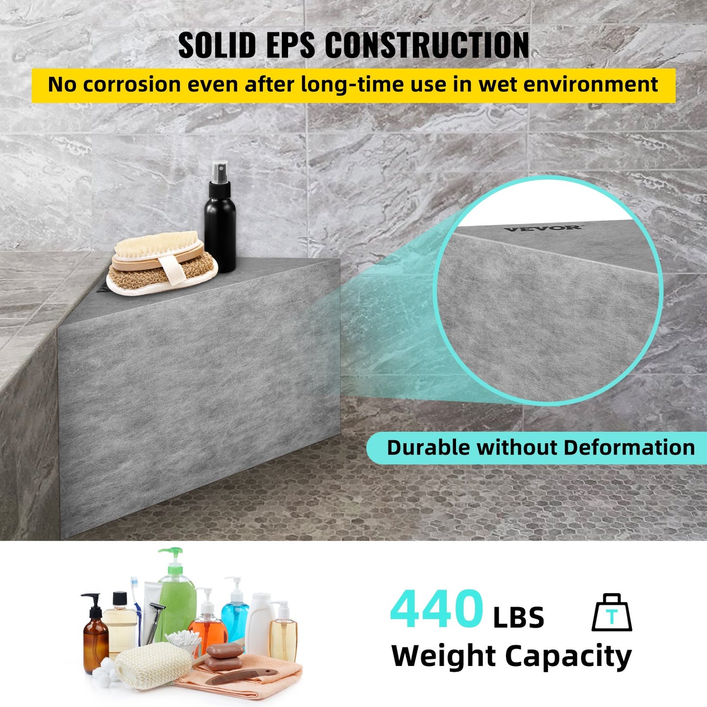 Tile Shower Seat, 22.4\" x 16\" x 20\" Ready to Tile Shower Seat, Factory Waterproof & 100% Leak Proof Tileable Shower Corner Seat, 440lbs Load-Bearing Triangular Board Shower Bench, Grey