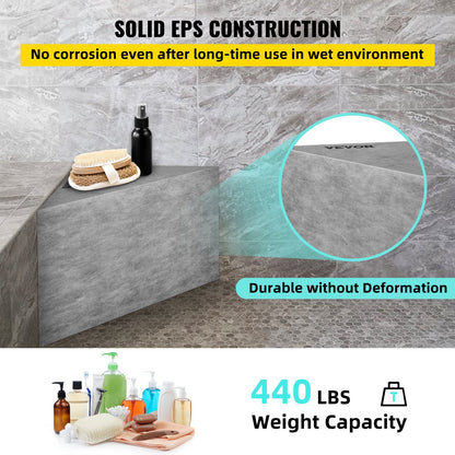Tile Shower Seat, 22.4\" x 16\" x 20\" Ready to Tile Shower Seat, Factory Waterproof & 100% Leak Proof Tileable Shower Corner Seat, 440lbs Load-Bearing Triangular Board Shower Bench, Grey