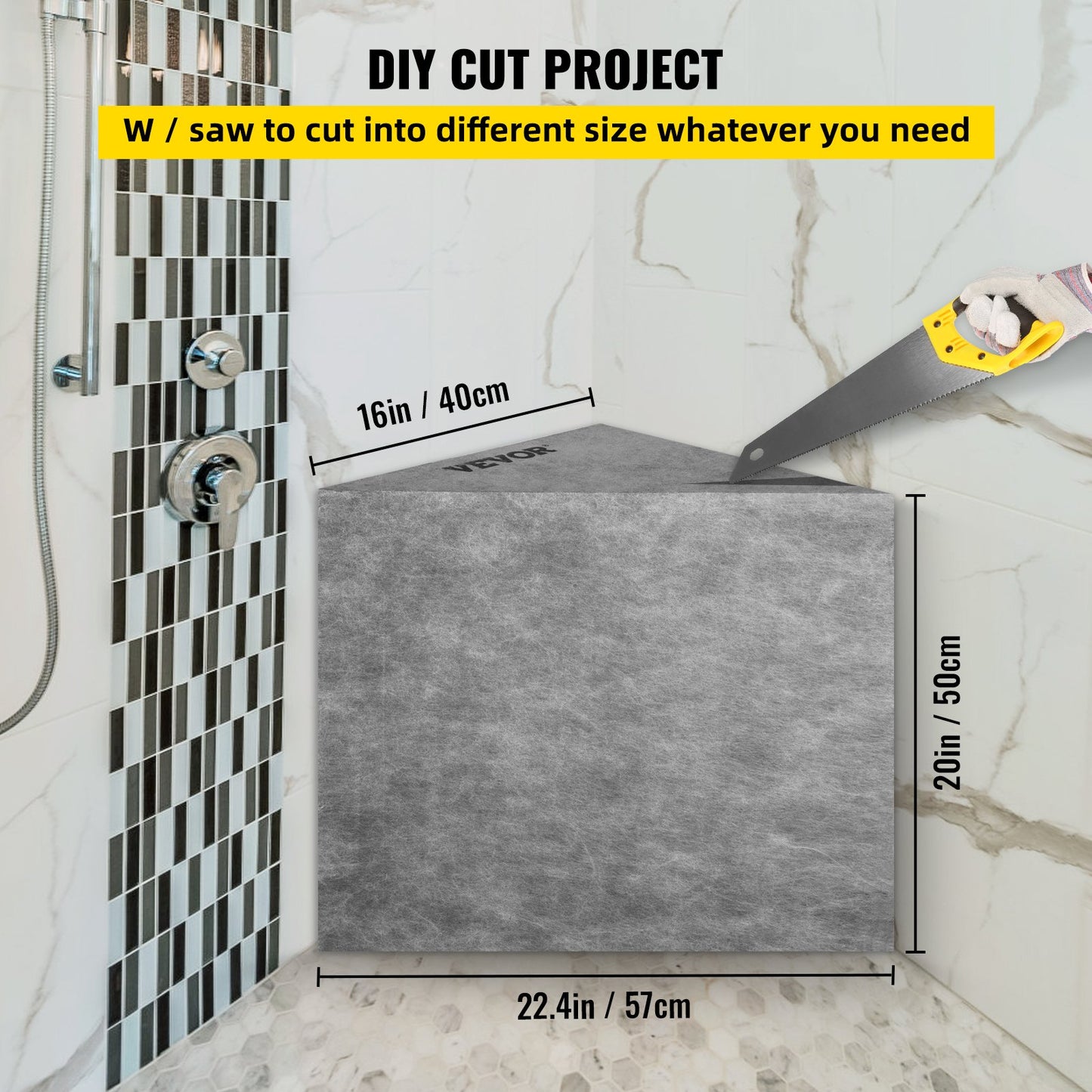 Tile Shower Seat, 22.4\" x 16\" x 20\" Ready to Tile Shower Seat, Factory Waterproof & 100% Leak Proof Tileable Shower Corner Seat, 440lbs Load-Bearing Triangular Board Shower Bench, Grey