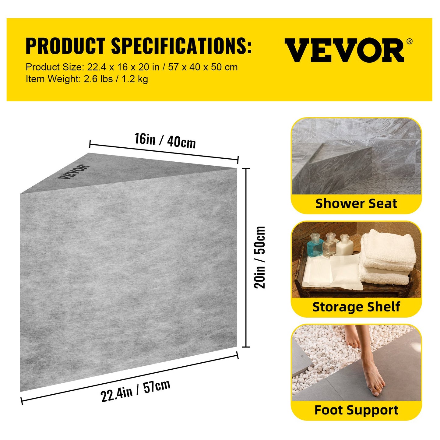 Tile Shower Seat, 22.4\" x 16\" x 20\" Ready to Tile Shower Seat, Factory Waterproof & 100% Leak Proof Tileable Shower Corner Seat, 440lbs Load-Bearing Triangular Board Shower Bench, Grey
