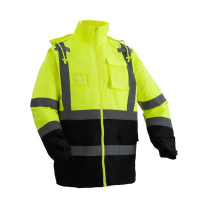 High Visibility Reflective Safety Jacket, Waterproof Safety Hoodie, Work Construction Coat with Pockets for Men & Women, Rain Gear Meet ANSI & Class 3, Hi Vis Yellow Coat with Black Bottom, L