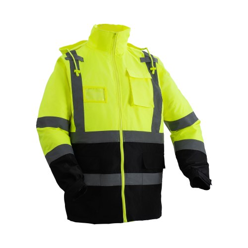 High Visibility Reflective Safety Jacket, Waterproof Safety Hoodie, Work Construction Coat with Pockets for Men & Women, Rain Gear Meet ANSI & Class 3, Hi Vis Yellow Coat with Black Bottom, L