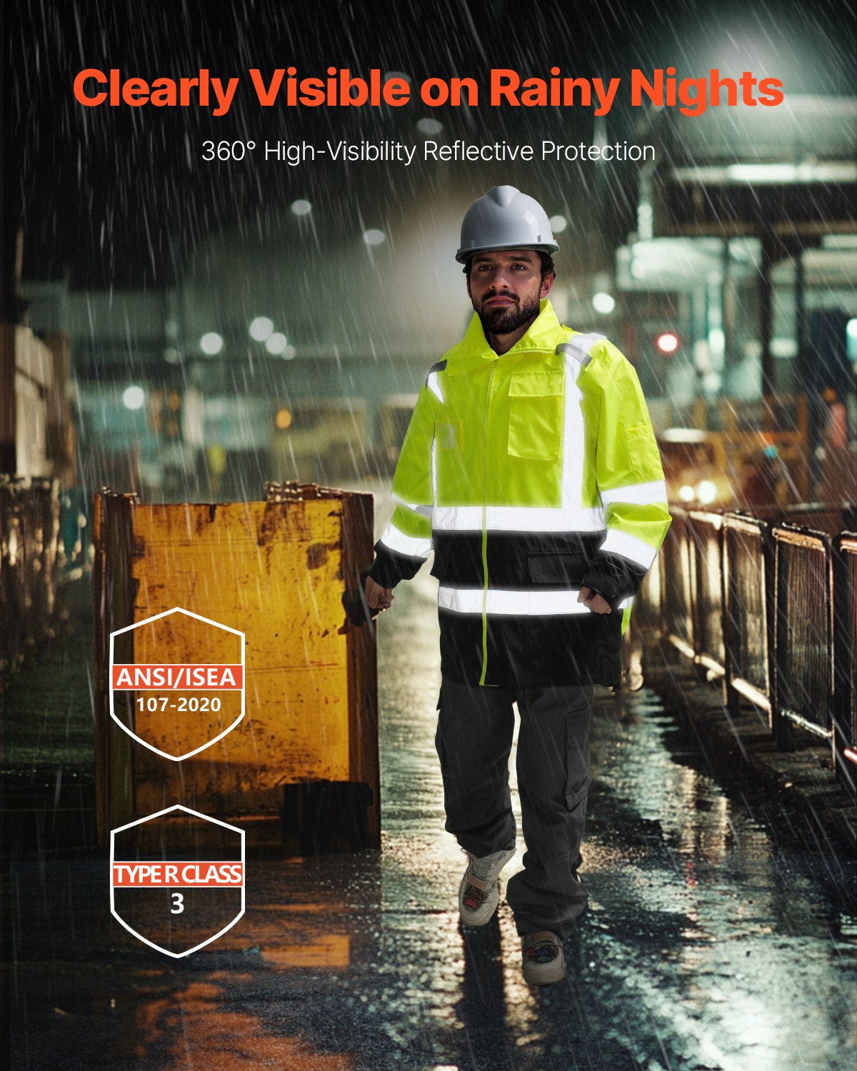 High Visibility Reflective Safety Jacket, Waterproof Safety Hoodie, Work Construction Coat with Pockets for Men & Women, Rain Gear Meet ANSI & Class 3, Hi Vis Yellow Coat with Black Bottom, L