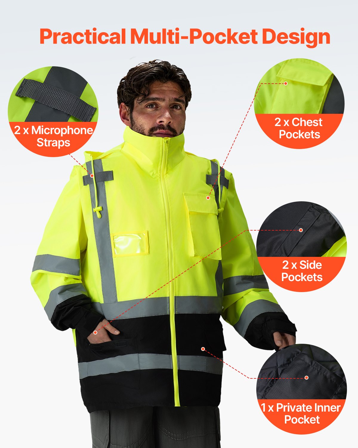 High Visibility Reflective Safety Jacket, Waterproof Safety Hoodie, Work Construction Coat with Pockets for Men & Women, Rain Gear Meet ANSI & Class 3, Hi Vis Yellow Coat with Black Bottom, L