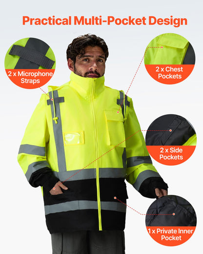 High Visibility Reflective Safety Jacket, Waterproof Safety Hoodie, Work Construction Coat with Pockets for Men & Women, Rain Gear Meet ANSI & Class 3, Hi Vis Yellow Coat with Black Bottom, L