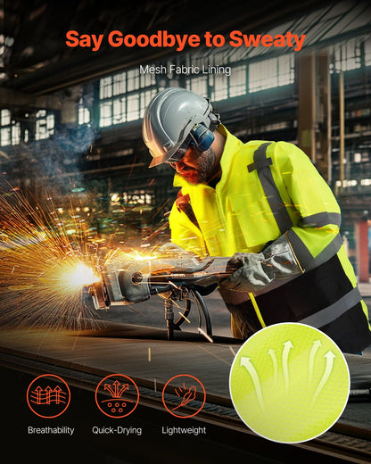 High Visibility Reflective Safety Jacket, Waterproof Safety Hoodie, Work Construction Coat with Pockets for Men & Women, Rain Gear Meet ANSI & Class 3, Hi Vis Yellow Coat with Black Bottom, L