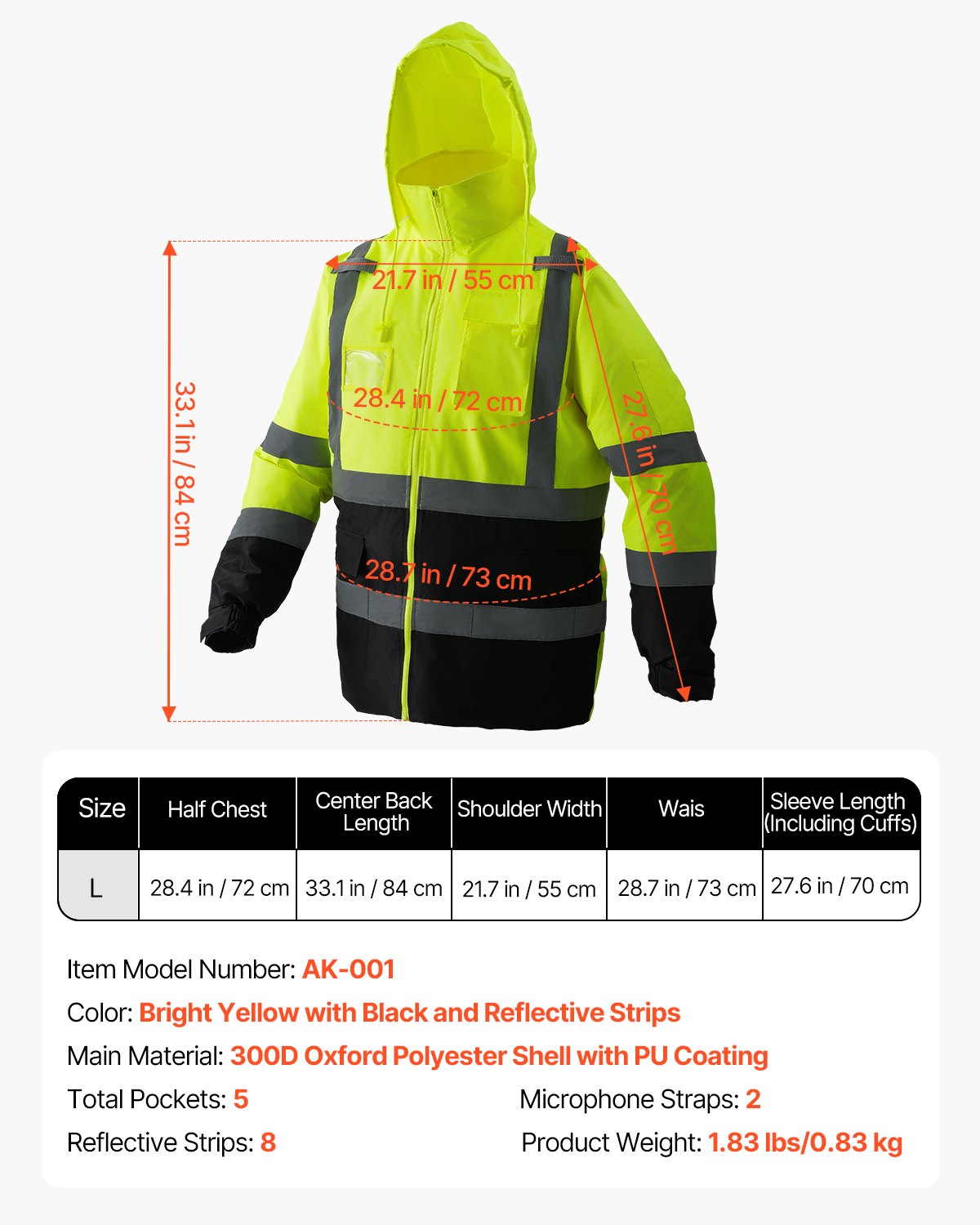 High Visibility Reflective Safety Jacket, Waterproof Safety Hoodie, Work Construction Coat with Pockets for Men & Women, Rain Gear Meet ANSI & Class 3, Hi Vis Yellow Coat with Black Bottom, L
