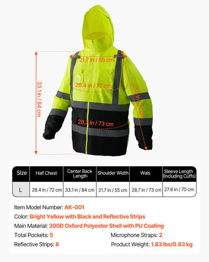 High Visibility Reflective Safety Jacket, Waterproof Safety Hoodie, Work Construction Coat with Pockets for Men & Women, Rain Gear Meet ANSI & Class 3, Hi Vis Yellow Coat with Black Bottom, L