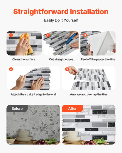 Peel and Stick Backsplash 10-Sheet, 12 x 12 x 0.78 inch / 305 x 305 x 2.0 mm Self-Adhesive Wall Tiles, Stick on Subway Tile Backsplash for Kitchen, 3D Back Splashes for Bathroom, Stone-Look