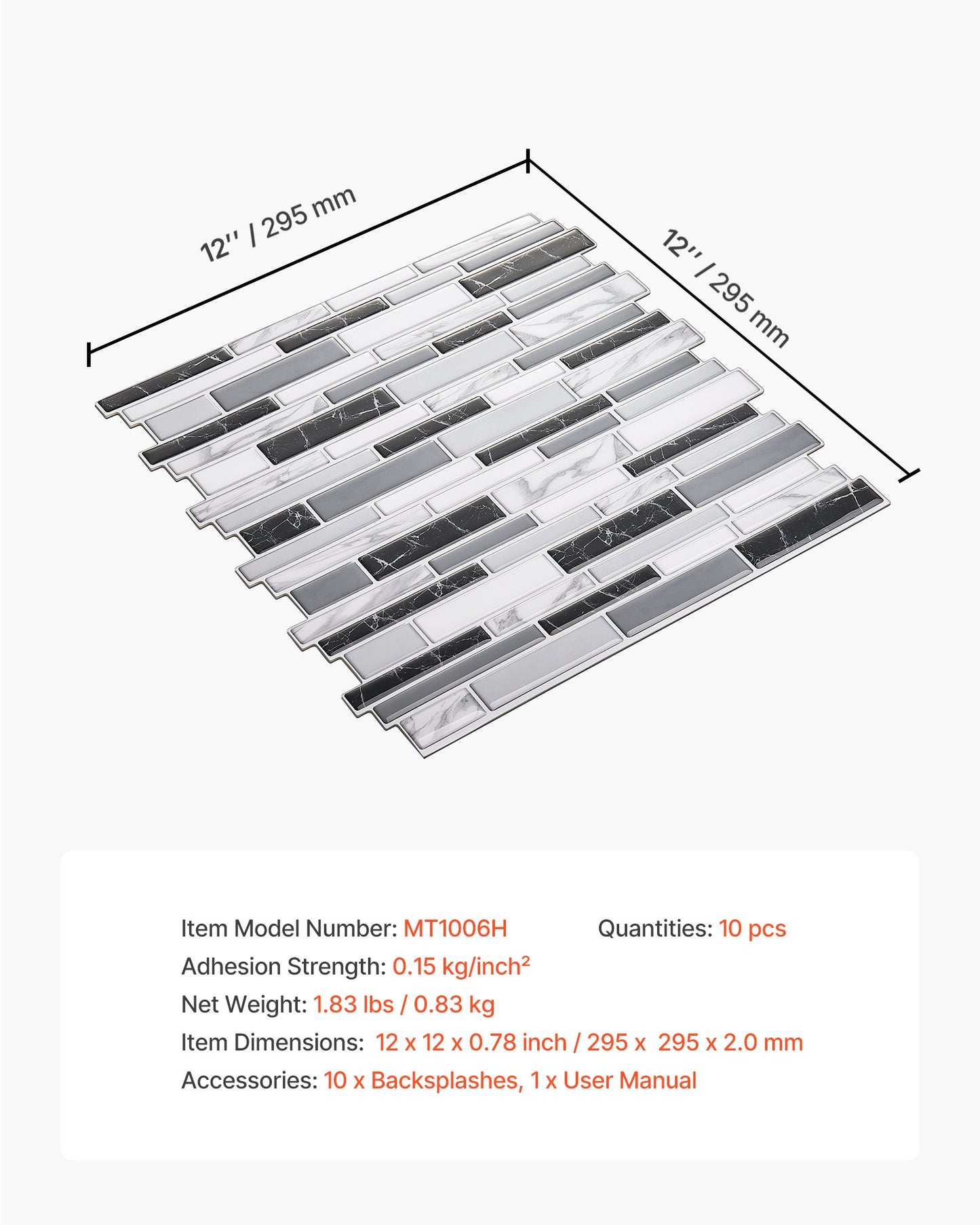 Peel and Stick Backsplash 10-Sheet, 12 x 12 x 0.78 inch / 305 x 305 x 2.0 mm Self-Adhesive Wall Tiles, Stick on Subway Tile Backsplash for Kitchen, 3D Back Splashes for Bathroom, Stone-Look