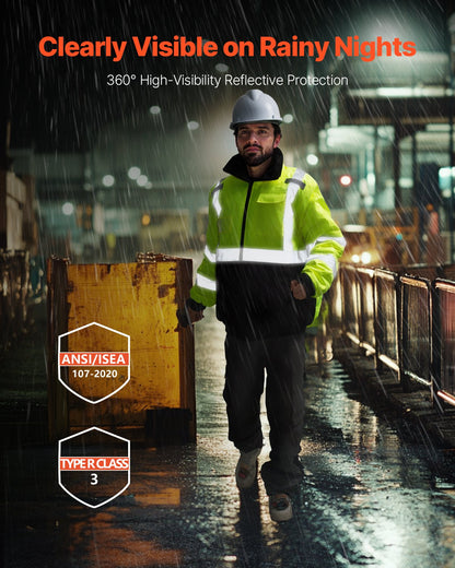 High Visibility Reflective Safety Jacket, Waterproof Winter Hoodie, Work Construction Coat with Pockets for Men & Women, Rain Gear Meet ANSI & Class 3, Hi Vis Yellow Coat with Black Bottom, L