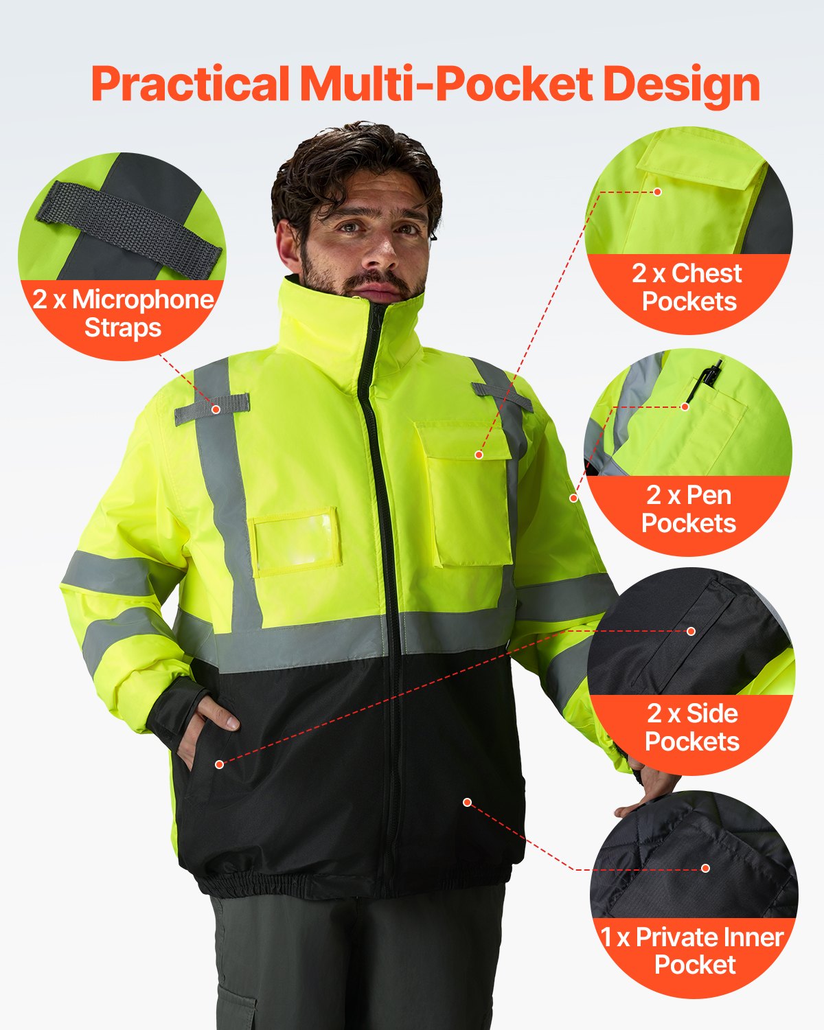 High Visibility Reflective Safety Jacket, Waterproof Winter Hoodie, Work Construction Coat with Pockets for Men & Women, Rain Gear Meet ANSI & Class 3, Hi Vis Yellow Coat with Black Bottom, L