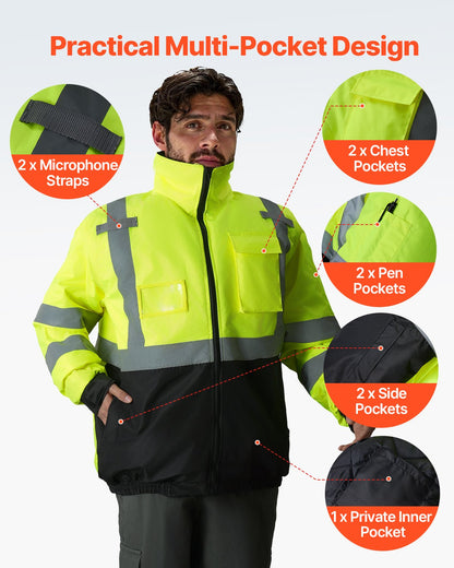 High Visibility Reflective Safety Jacket, Waterproof Winter Hoodie, Work Construction Coat with Pockets for Men & Women, Rain Gear Meet ANSI & Class 3, Hi Vis Yellow Coat with Black Bottom, L