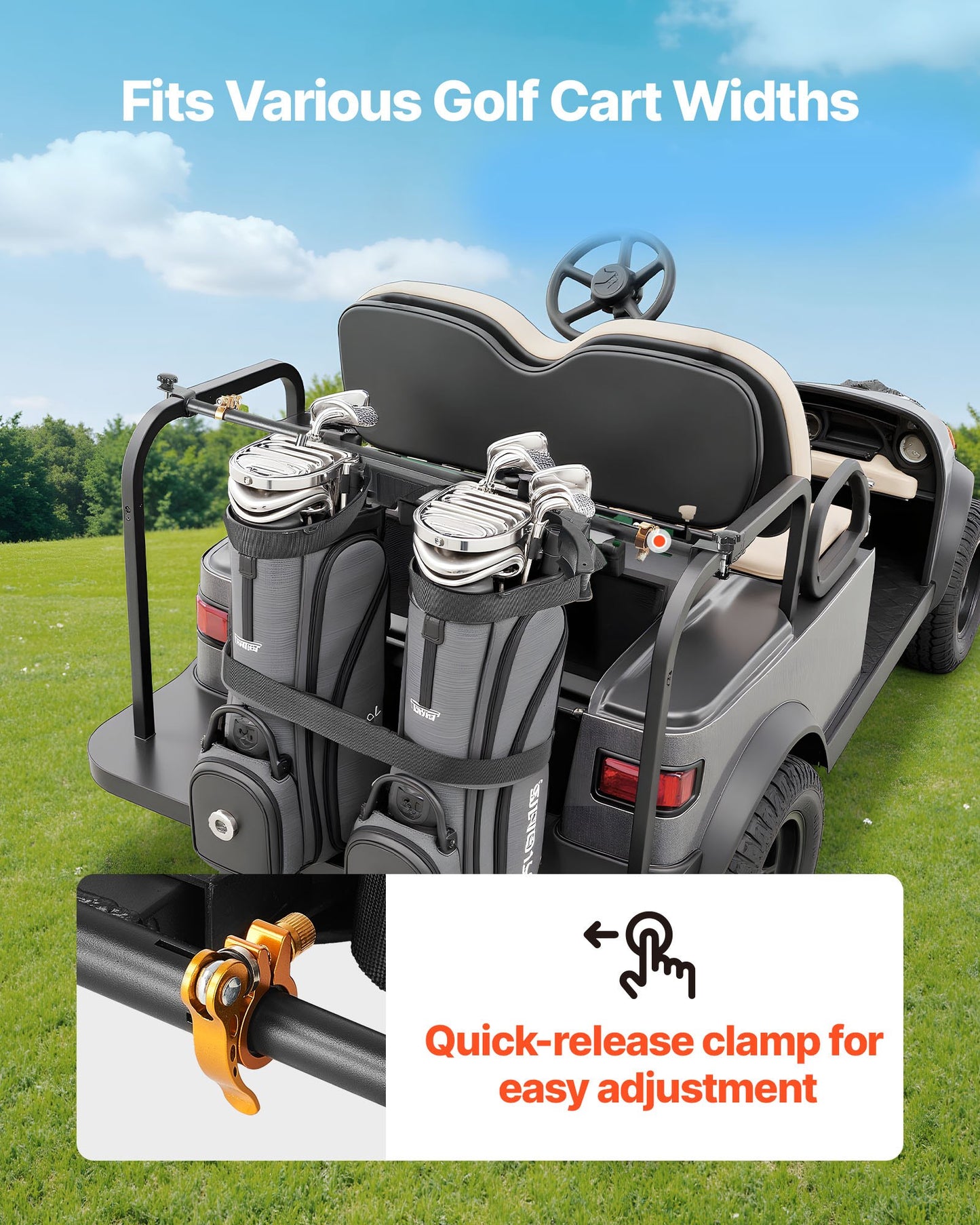 Golf Cart Bag Holder, 53.9 x 7.7 x 2.4 Inch, Compatible with Most 2+2 Golf Cart Rear Seat with 1.2-Inch Square Tubes, Adjustable Rear Seat Carts Club Holder with Strap, No Drilling Required