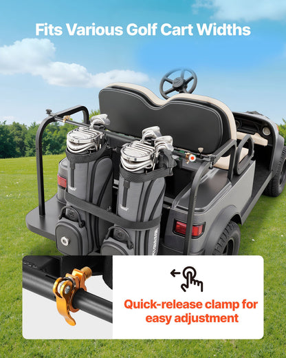 Golf Cart Bag Holder, 53.9 x 7.7 x 2.4 Inch, Compatible with Most 2+2 Golf Cart Rear Seat with 1.2-Inch Square Tubes, Adjustable Rear Seat Carts Club Holder with Strap, No Drilling Required