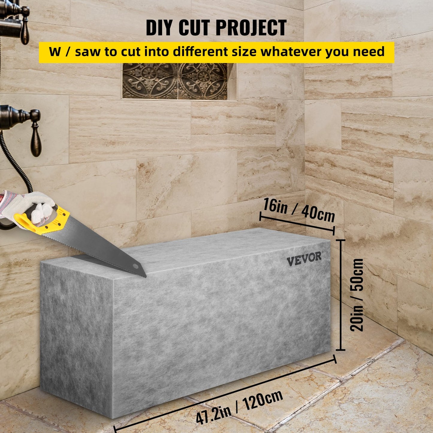 Board Shower Bench Rectangle Bench Ready to Tile & Waterproof 47.2x16x20"