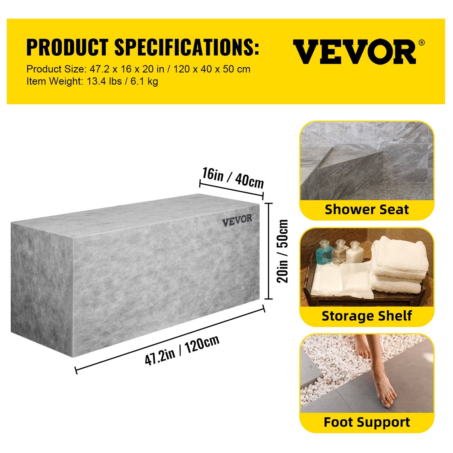 Board Shower Bench Rectangle Bench Ready to Tile & Waterproof 47.2x16x20"