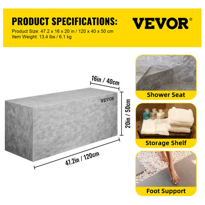 Board Shower Bench Rectangle Bench Ready to Tile & Waterproof 47.2x16x20"
