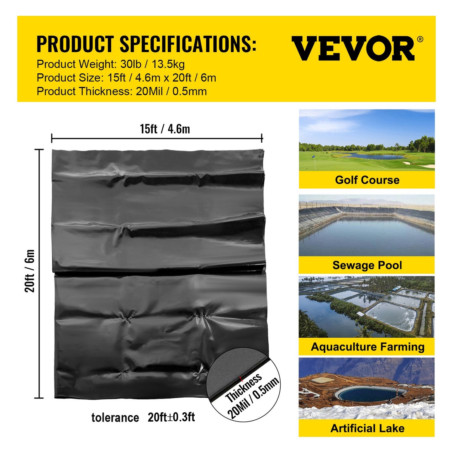 LLDPE Pond Liner 15x20 ft, Pond Liner 20 Mil, Fish Pond Liners for Waterfall, Pond and Fish Ponds