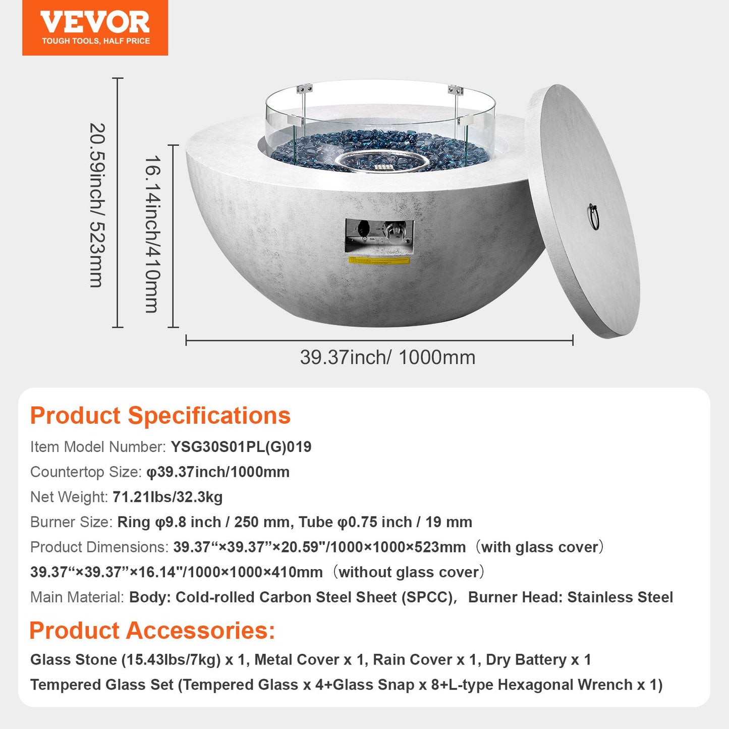 Propane Fire Pit, Outdoor Concrete Gas Fire Pit, 39 in Tabletop with Lava Rocks, Lid,Rain Cover,Adjust Flame Height Camping Firepit for Heating, Lighting, 50000 BTU